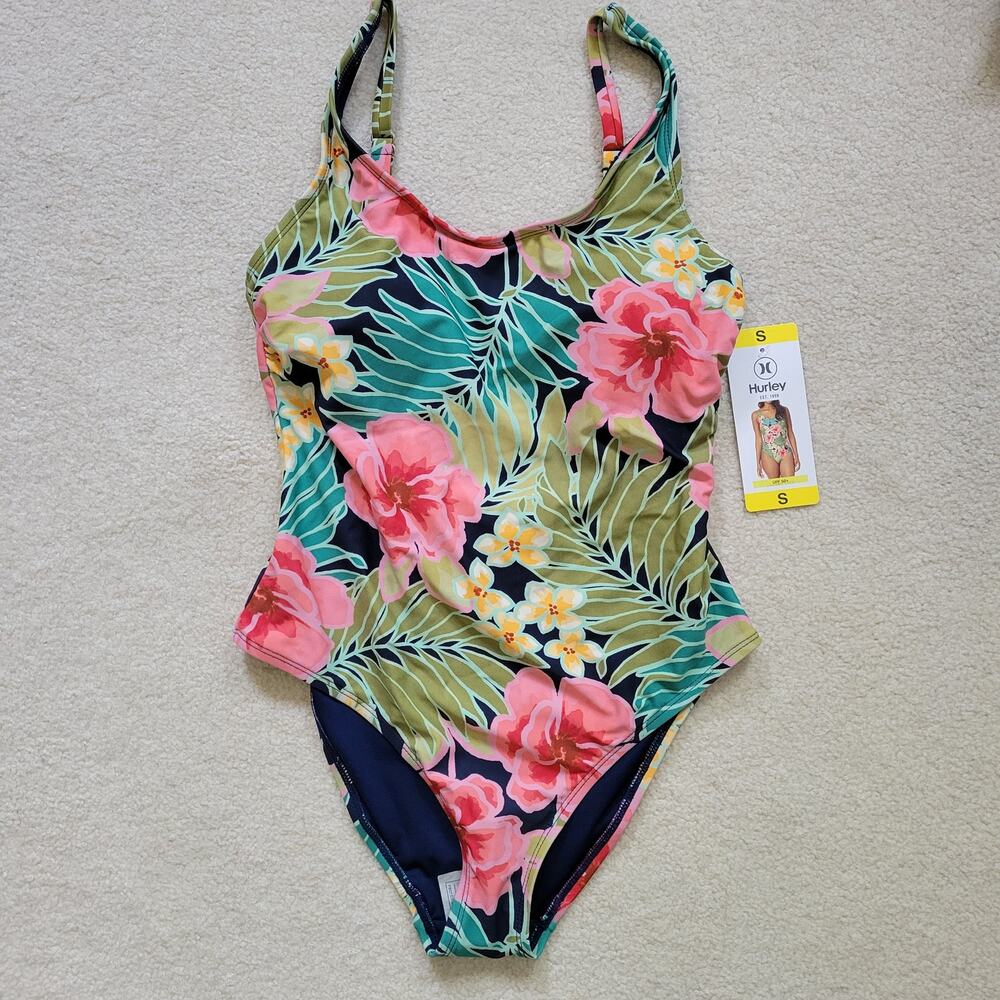 NWT Hurley S 1Pc Swimsuit Adjustable Padded Tropical Floral SPF 50+